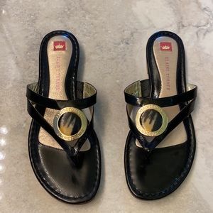 Elaine Turner- Black Patent Leather and Gold Decal Sandals (8)